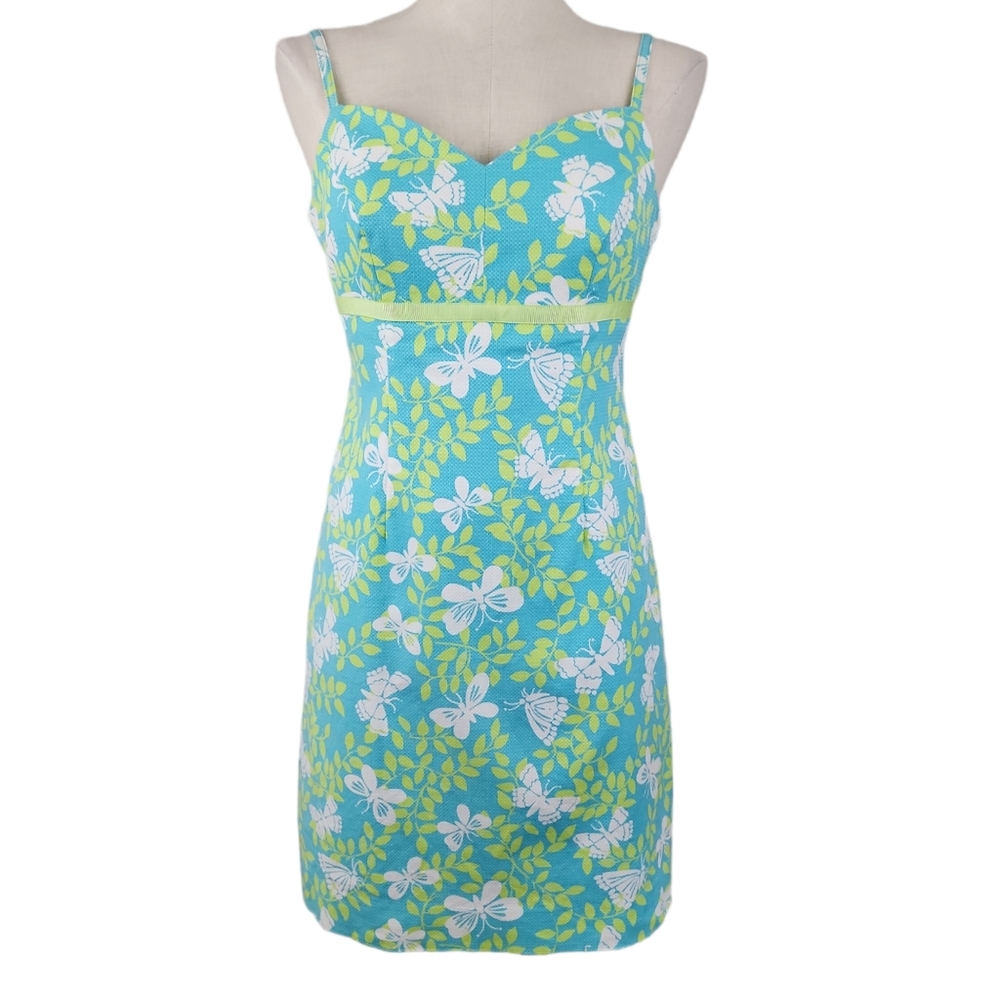 Lilly Pulitzer White Label Vintage Blue Green & White Butterfly Shift Dr…